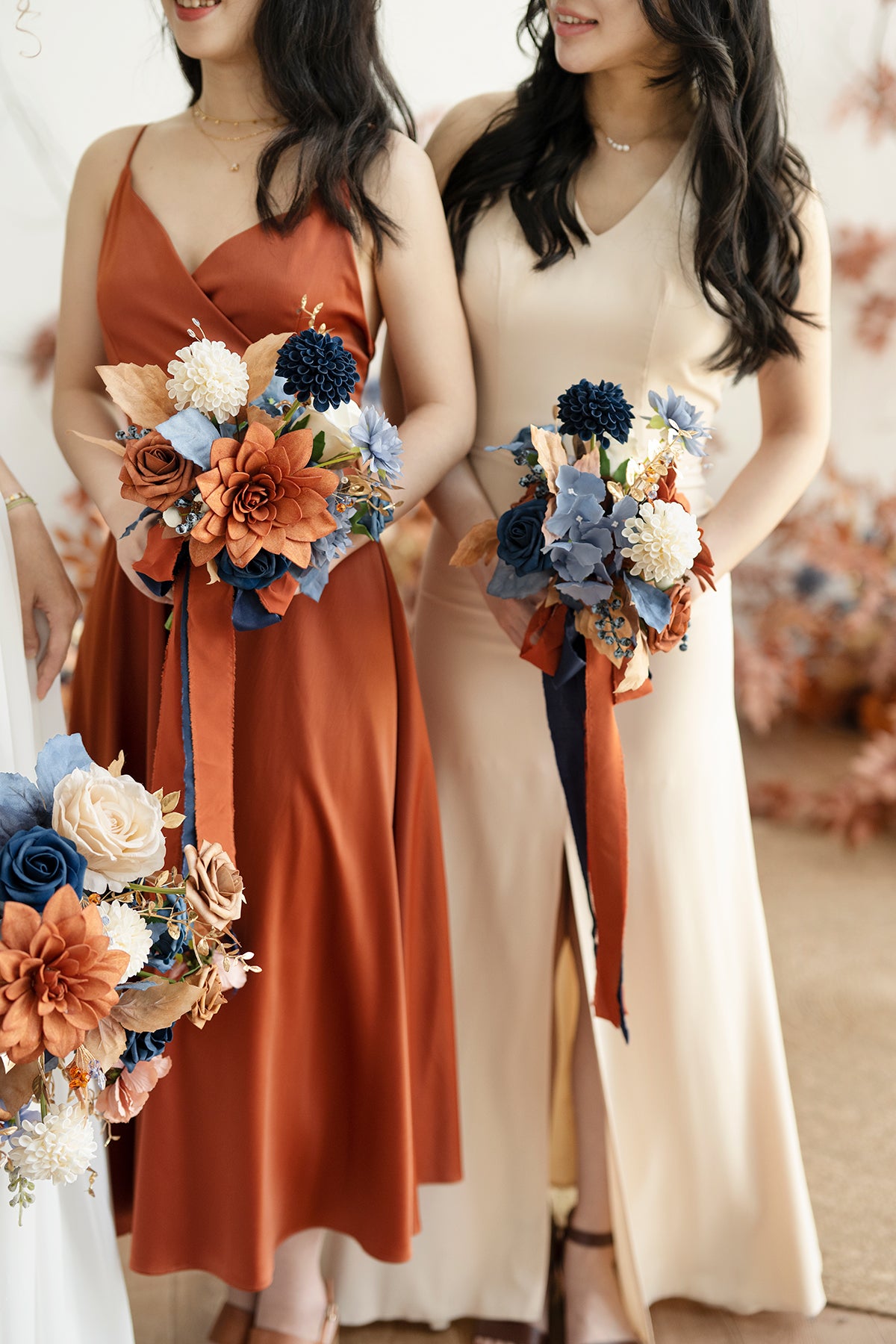 Round Bridesmaid Bouquets in Russet Orange & Denim Blue Round Bridesmaid Bouquets in Russet Orange & Denim Blue