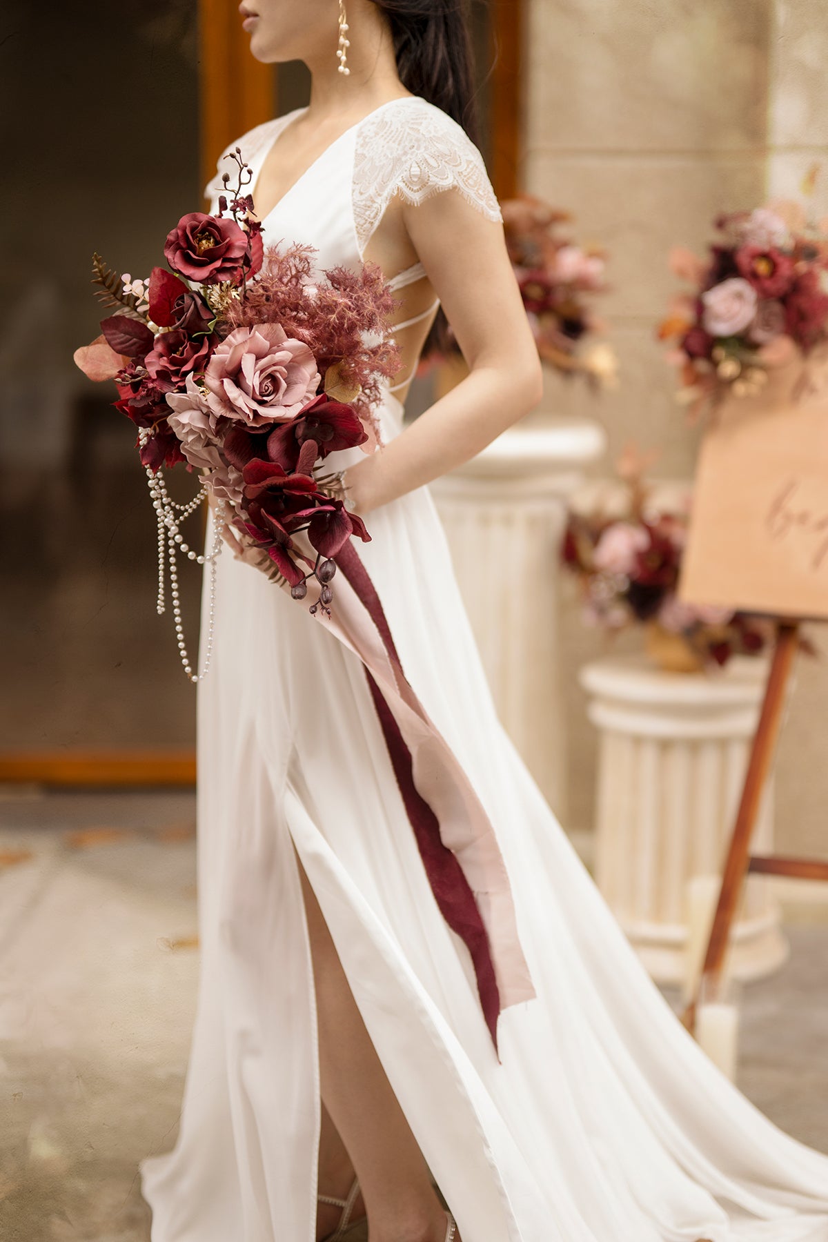 Small Cascade Bridal Bouquet in Burgundy Dusty Rose